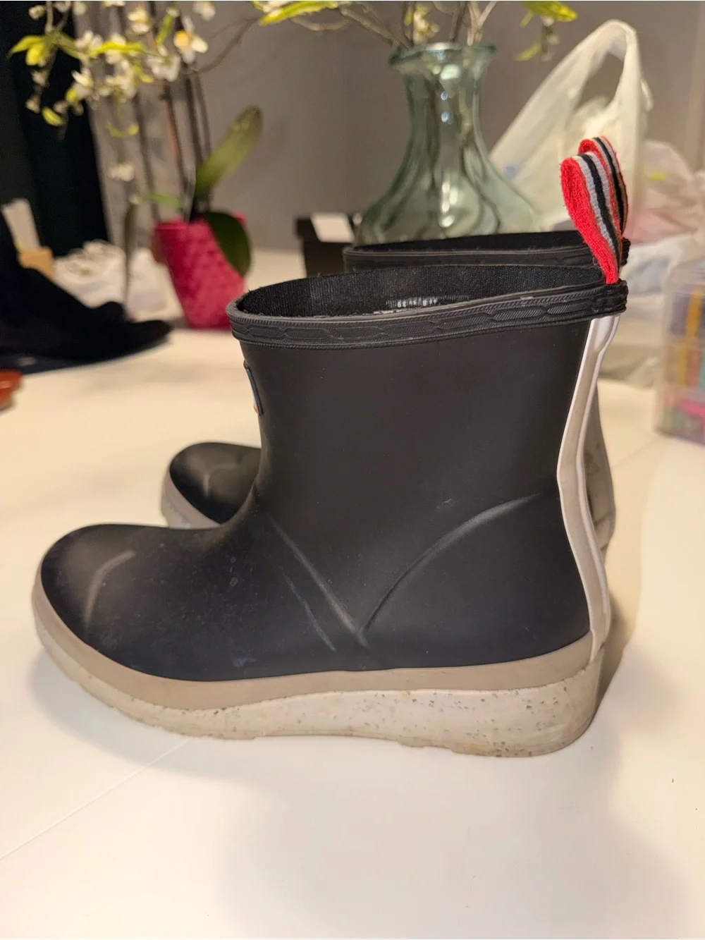 Hunter Women’s Black Rain Boots with Red-Trim Pull Tabs